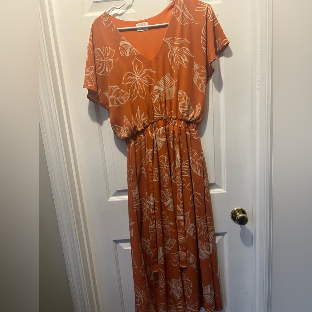 Sienna Sky Orange Maxi Dress with White Leaf Print